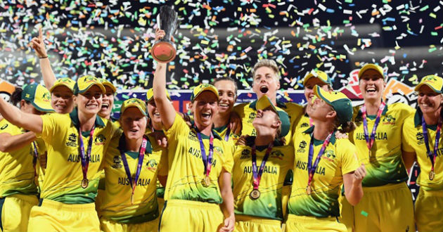 australia women team celebrating with icc world t twenty trophy
