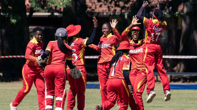 zimbabwe womens cricket team celebrate a wicket