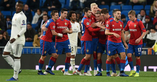 chalov is congratulated by his team mates after goal