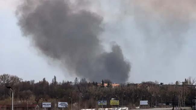 smoke rises from the airport in dnipro city
