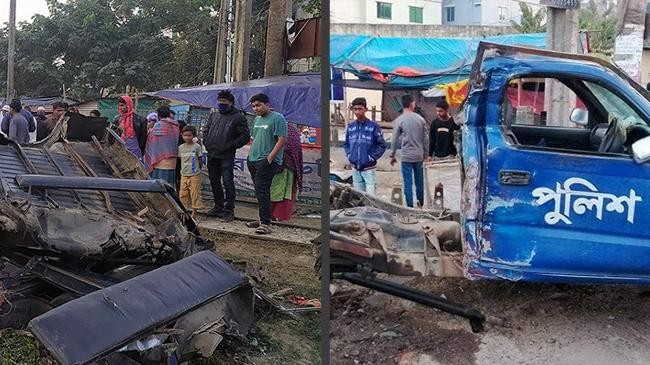 a police car on patrol was crushed by a train at the shekervita level crossing area of jamalpur city