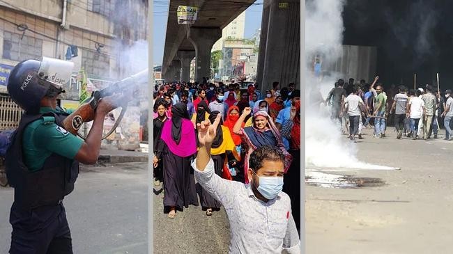 garment workers dispersed by police firing tear gas