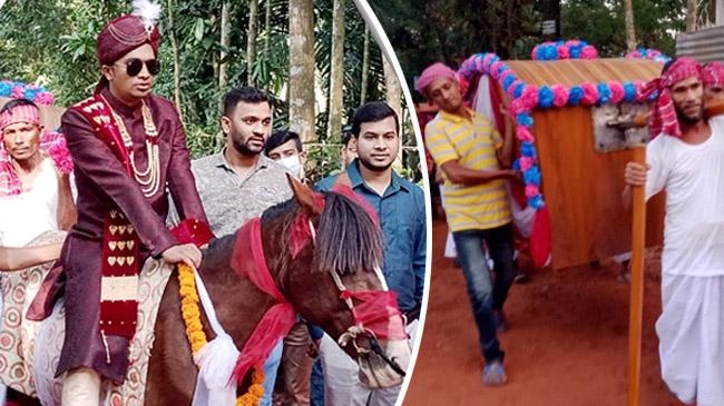 groom on horseback bride in palanquin
