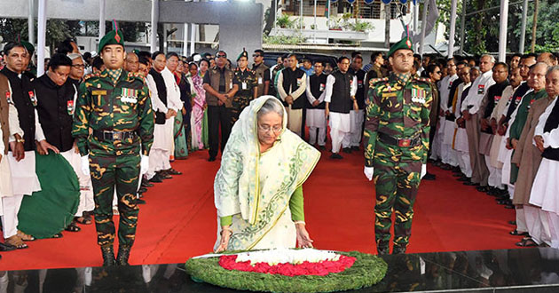pms respect at the portrait of bangabandhu