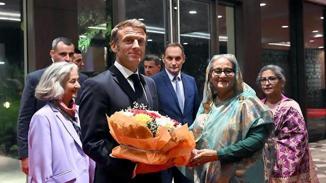 prime minister sheikh hasina welcomes french president emmanuel macron