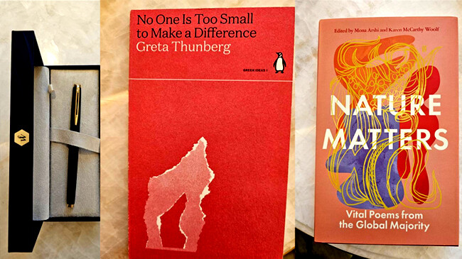 tarique rahman presents two books and a pen to the chief advisor