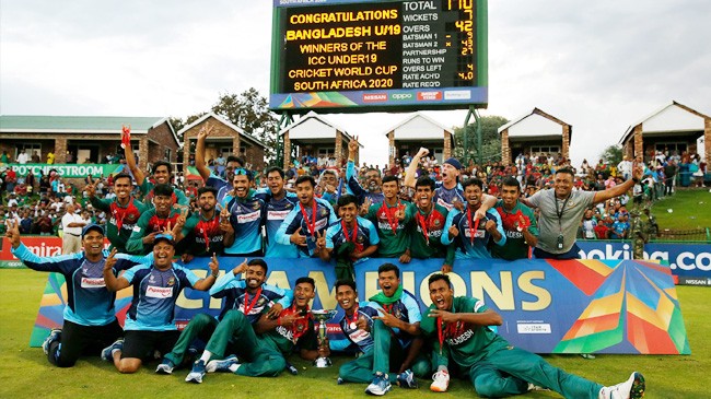 a joyous bangladesh team after winning the under 19 world cup