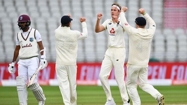 broad claimed the first wicket of west indies innings