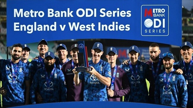 brook leads the celebrations after england s series win