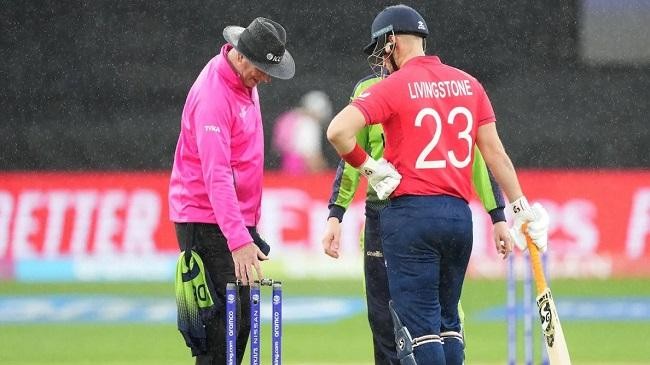 liam livingstone looks on as umpire paul reiffel signals