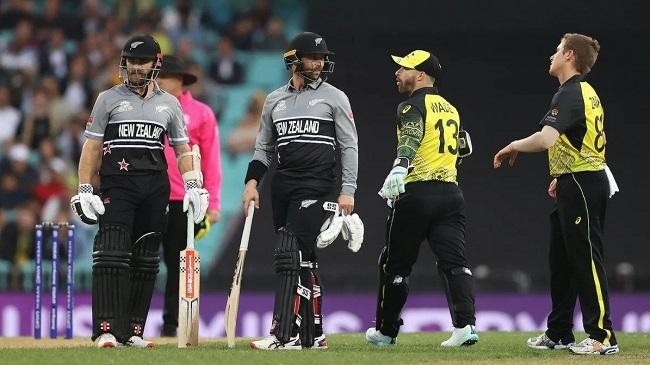 matthew wade has a word with devon conway while kane williamson plays bystander