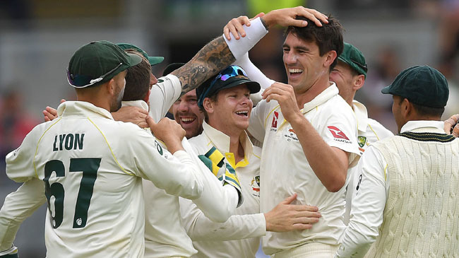 pat cummins celebrates after dismissing chris woakes