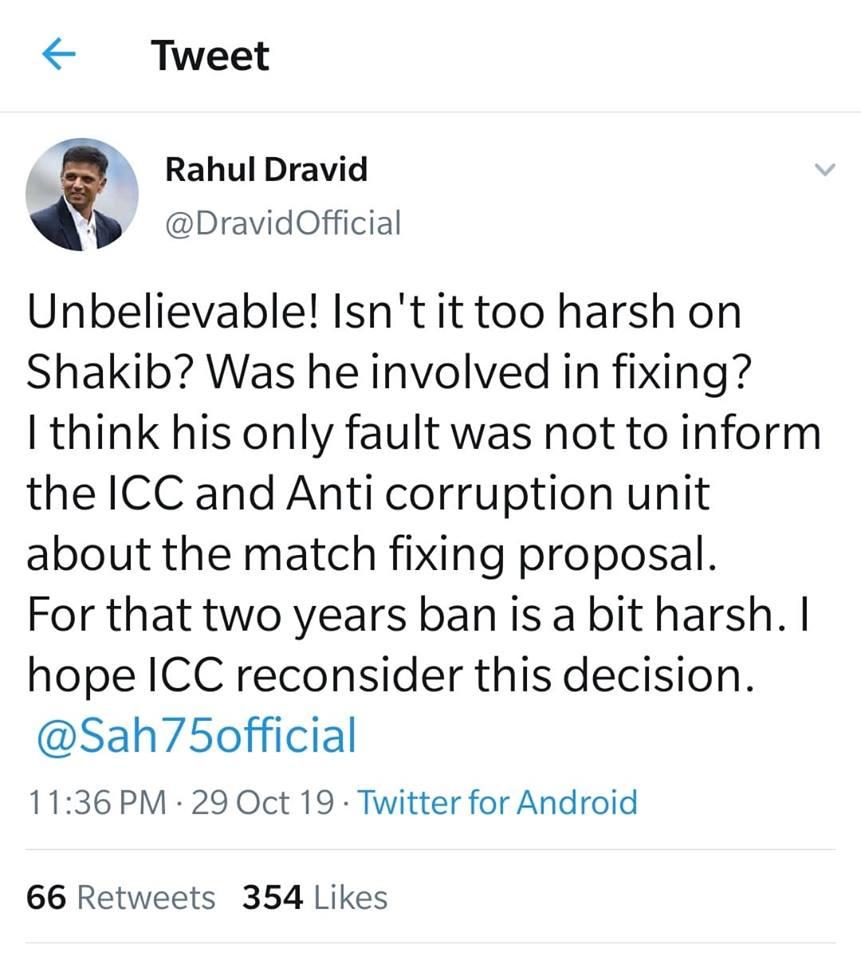 rahusl dravid tweet over shakib