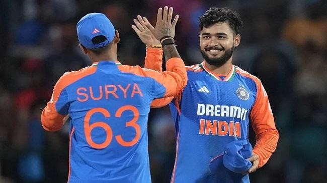 riyan parag is congratulated by suryakumar yadav