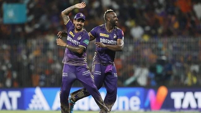sunil narine and andre russell celebrate