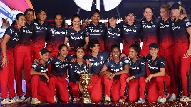 the royal challengers bangalore players pose with the trophy