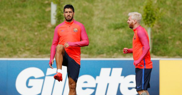 barcelona training messi suarez