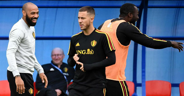 belgiums assistant coach henry jokes with lukaku and hazard