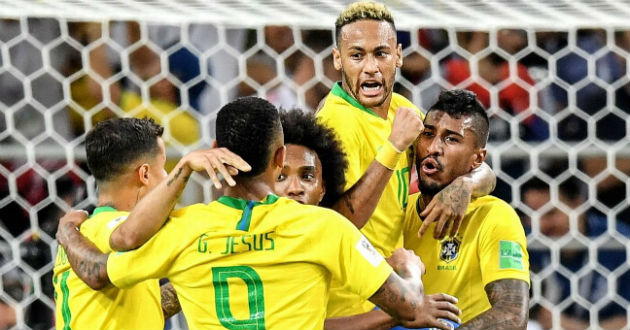 brazil celebrating a goal against serbia