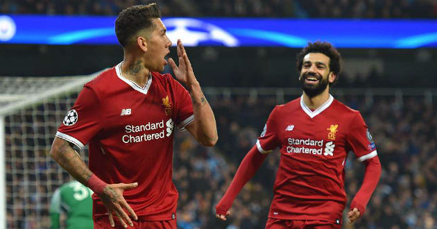 firmino and salah celebrate liverpool goal