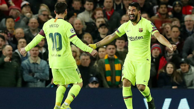 messi and suarez celebrate an own goal