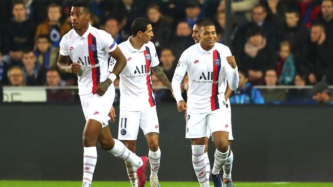 psg celebrating mbappe goals in ucl