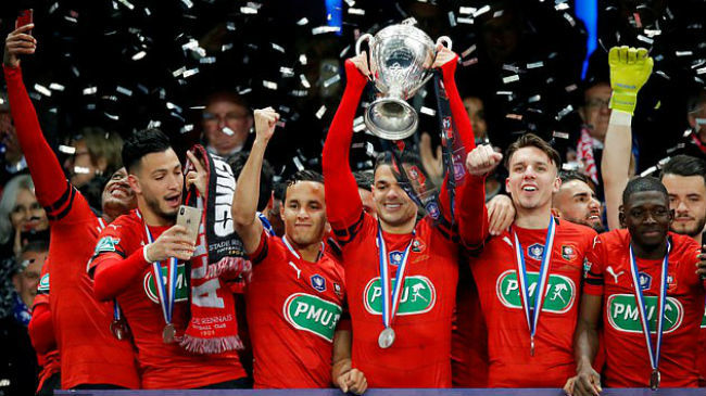 rennes celebrate french cup trophy