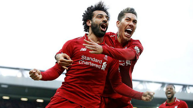 salah and firmino celebrate liverpool goal