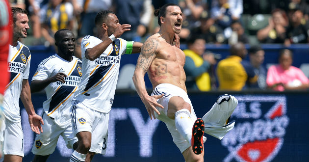 zlatan ibrahimovic celebrates his goal for la galaxy