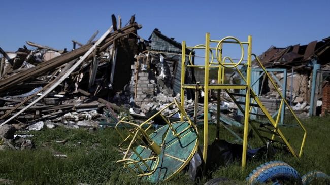 a damaged residential area is pictured in chuhuiv near kharkiv