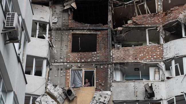 a general view on a building damaged as the result of a russian attack in kyiv