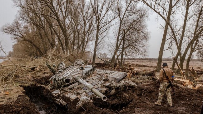 a russian tank stuck in the mud in zavorychi outside the ukrainian capital of kyiv in early april