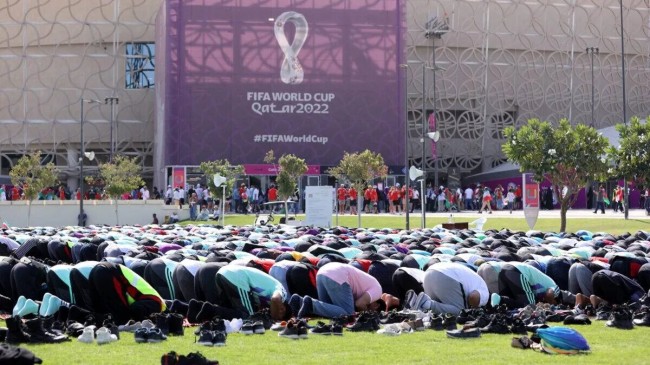fans unite for friday prayers during muslim world s first world cup
