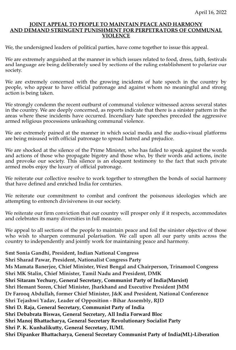 indian opposition issues joint statement against communal polarization 1