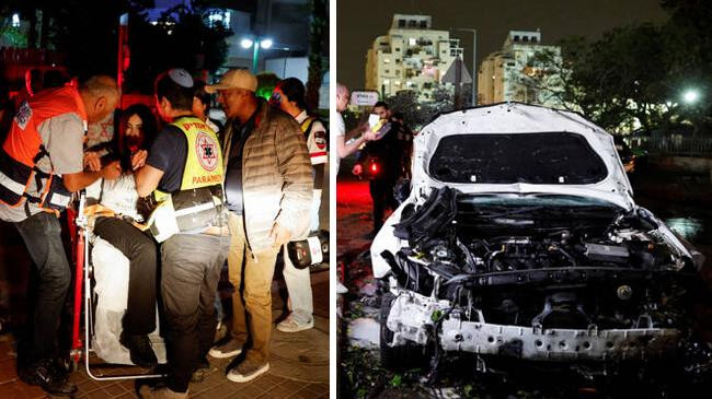 injured woman and damaged car by hamas rocket
