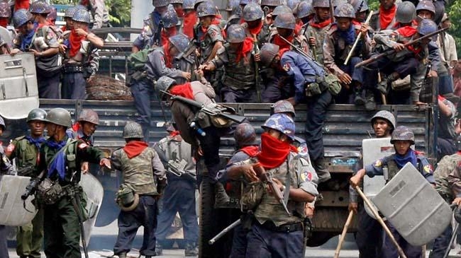 myanmar riot police and soldiers