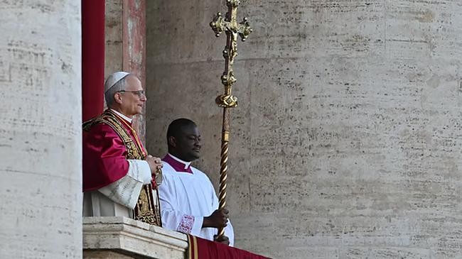 newly elected pope robert francis prevost arrives on the main central loggia balcony