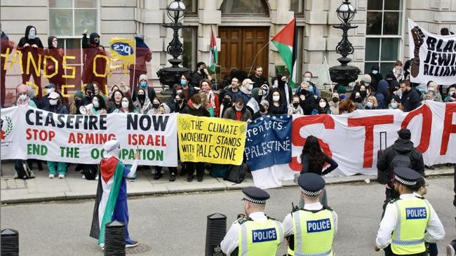 pro palestine protesters call to halt uk arms supplies to israel on may day