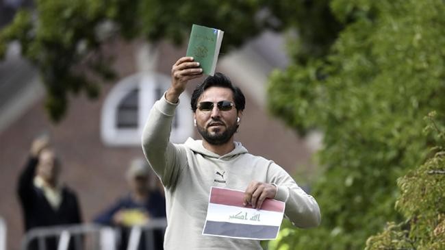 salwan momika outside the iraqi embassy in stockholm