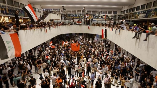 supporters of al sadr protest inside the parliament