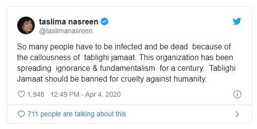 taslima asked for prohibition of tablig tweet