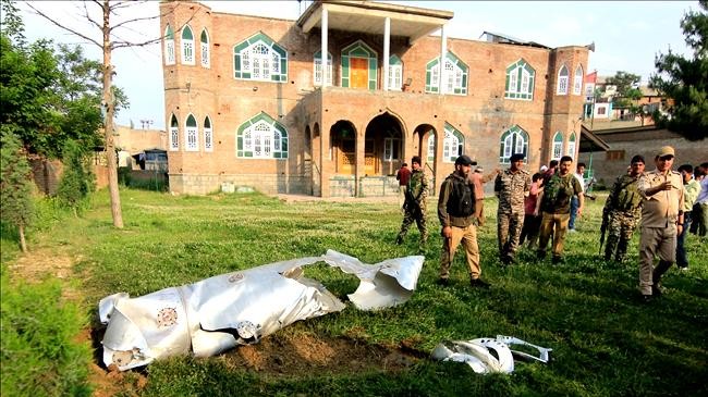 the wreckage of an unidentified aircraft in the wayan area of pampore india after india s attack on pakistan